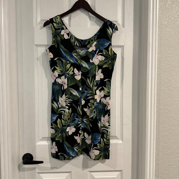VTG Banana Jack Women Medium Hawaiian Sheath Dress Black Tropical Hibiscus Lei - Picture 2 of 4